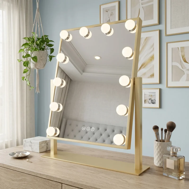 kuldne-hollywood-4 LED-kosmeetikapeegel 30 × 40 cm valgustusega